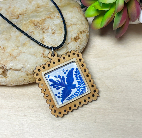 Square wood bezel blue bird