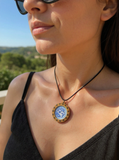 Round wood bezel blue and white tile